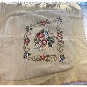 Vintage Hand-Embroidered Floral Needlepoint Panel Unfinished Roses & Scrollwork